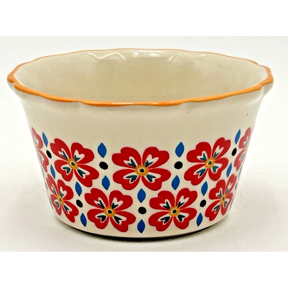 Pioneer Woman Flea Market Red Flowers Yellow / Gold Rim Blue Black White Ramekin